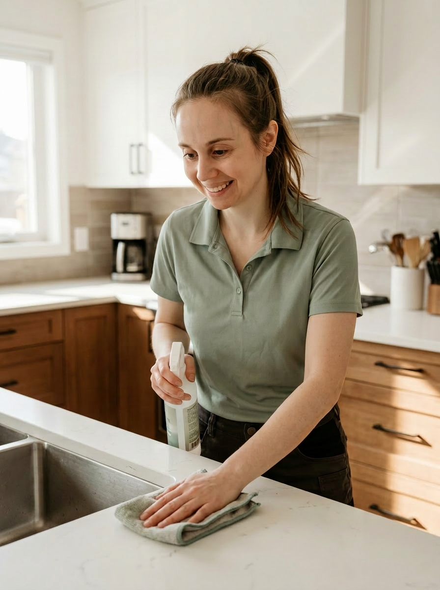 Samantha Coyle cleaning a bright modern kitchen