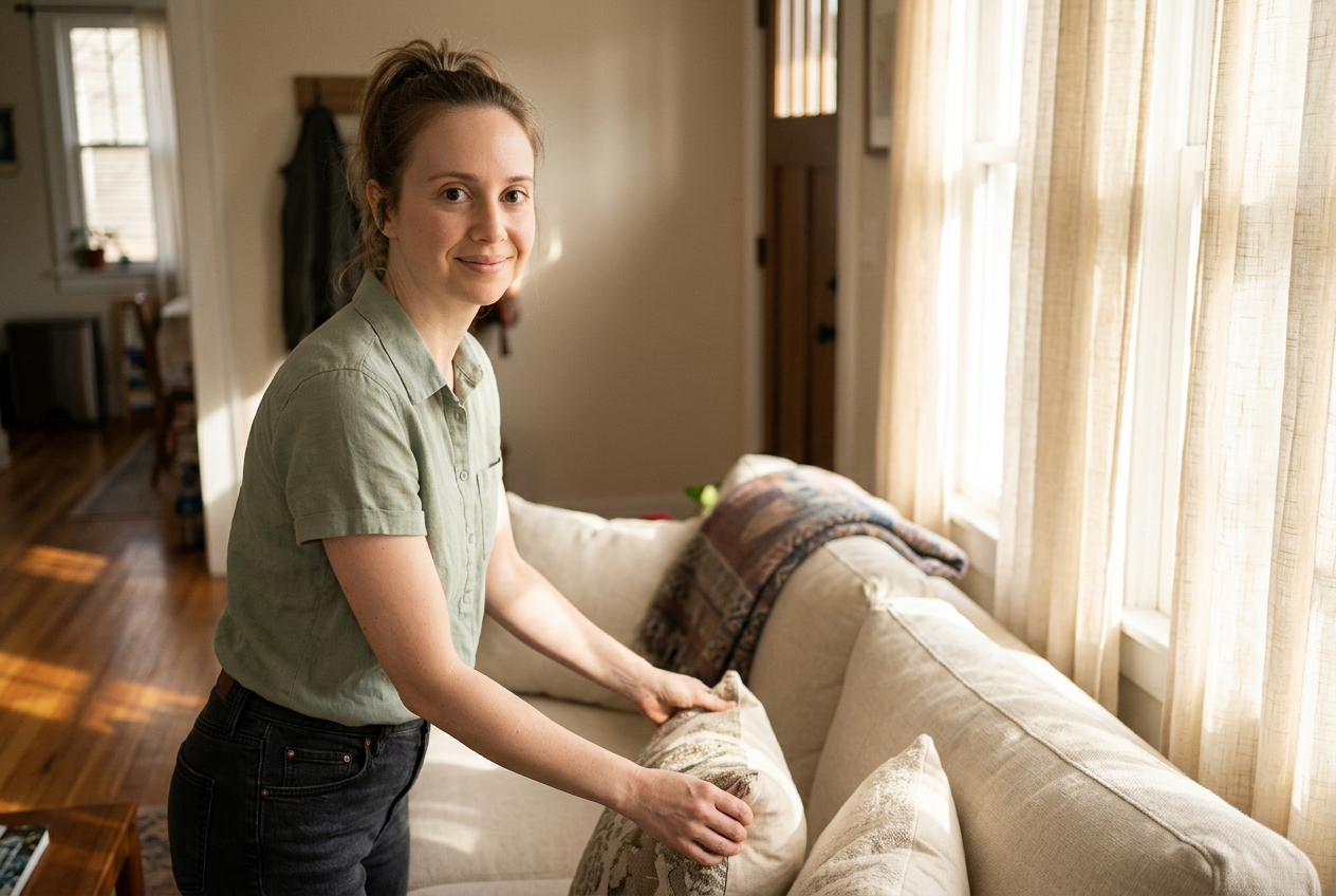 Samantha Coyle, owner of Sammi's Cleaning Service, smiling in a freshly cleaned Middle Tennessee living room